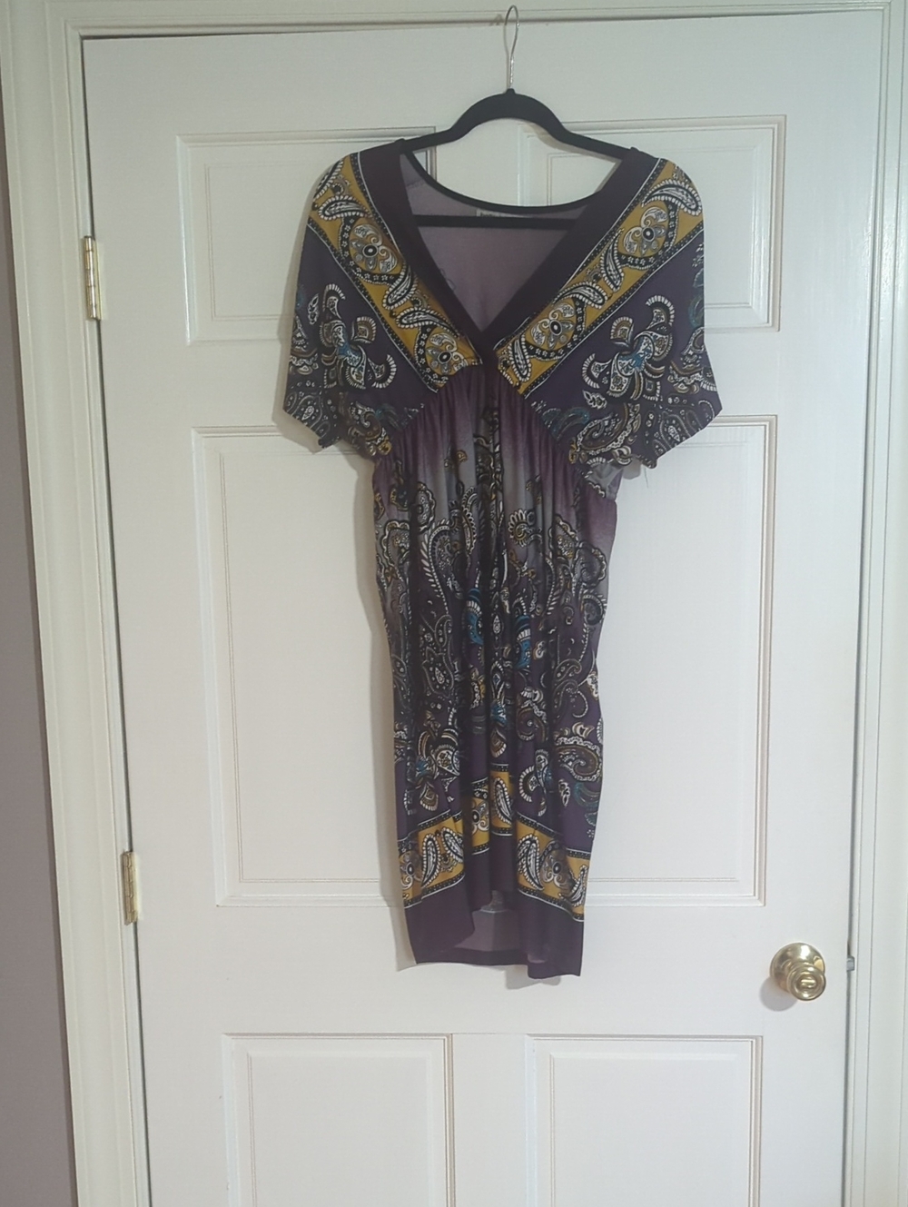 bailey blue Purple Paisley V-Neck Dress with Yellow Accents
